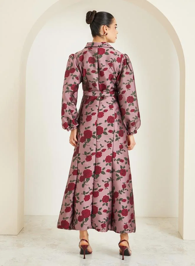 Styli  Women Pink Floral Long Sleeves A-Line Maxi Dress for Women | Best Price UAE